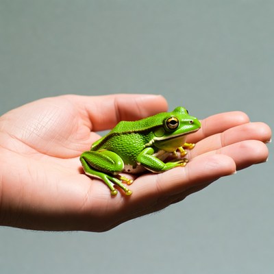Green tree frog in human hand