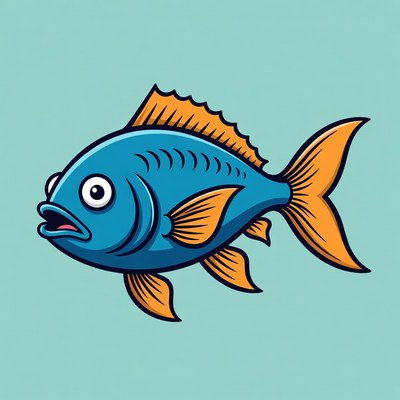 Cartoon Blue Fish with Orange Fins