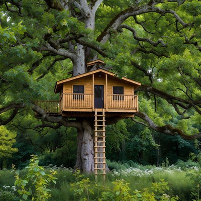 Wooden Treehouse in Large Oak Tree