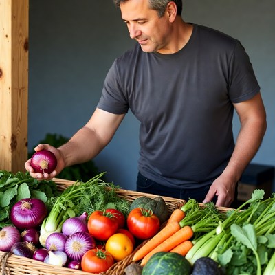 Man holding onion at vegetable stand