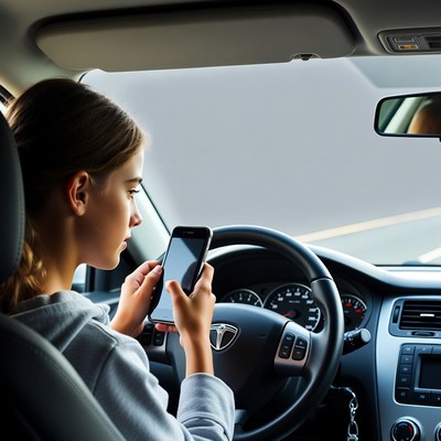 Young woman texting while driving