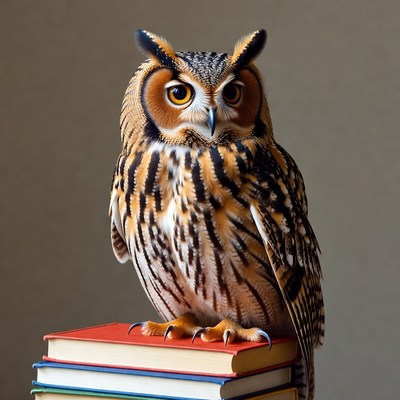 Owl perched on stack of books