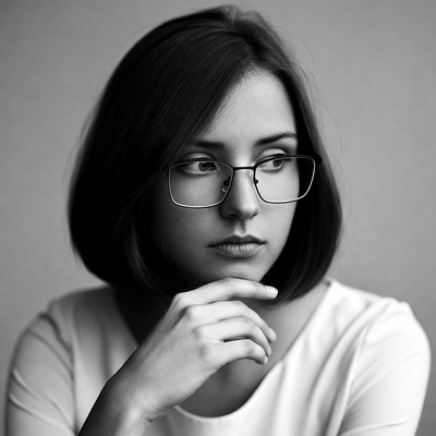 Woman thinking with hand on chin