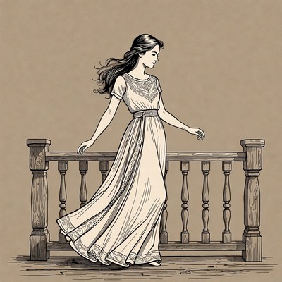 Woman in flowing dress on balcony