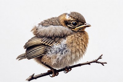 Fluffy baby robin on branch