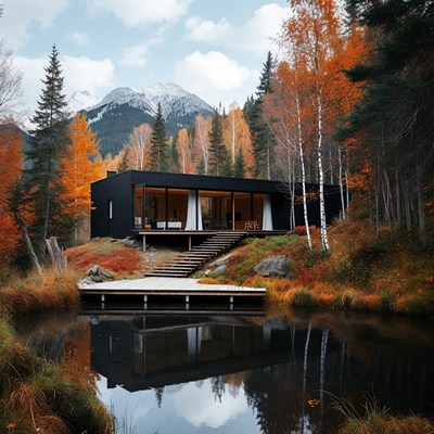Modern Black House in Autumn Forest Lake