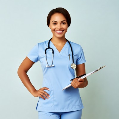 African-American nurse holding clipboard