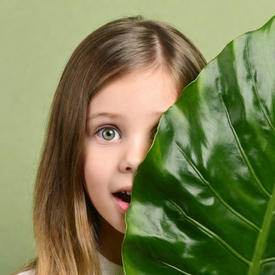 Girl peeking behind large green leaf