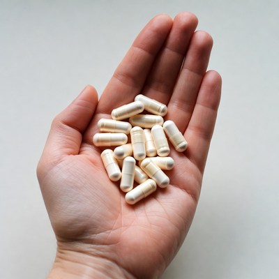 Hand holding white capsules