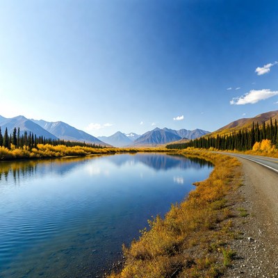 Autumn River with Mountains and Road