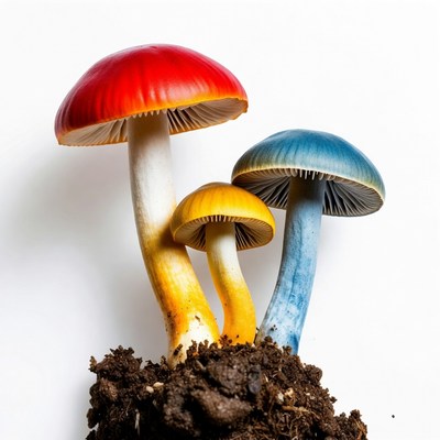 Colorful mushrooms on soil