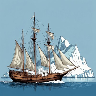 Sailing Ship Near Iceberg