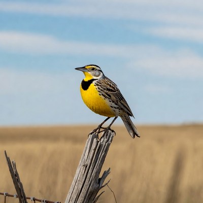 Western Meadowlark on wooden post