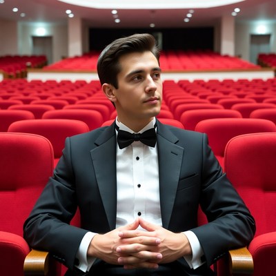 Man in tuxedo sitting in red theater seats