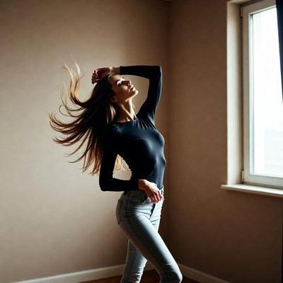 Woman with flowing hair posing by window