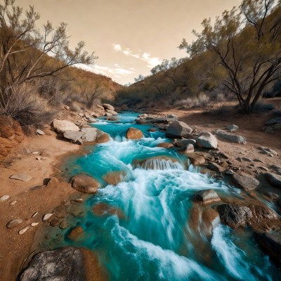 Turquoise Stream Flowing Through Desert Canyon