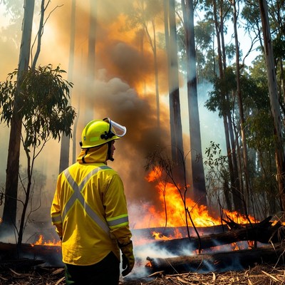 Firefighter battling bushfire in eucalyptus forest