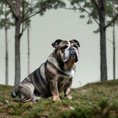 Bulldog sitting in pine forest