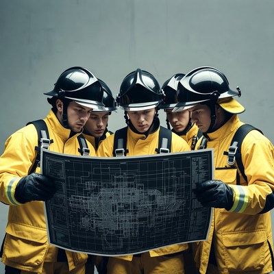 Firefighters examining blueprint map