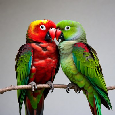 Red and Green Parrots Facing Each Other