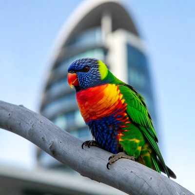 Rainbow Lorikeet on branch with building