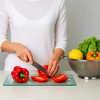 Woman chopping red peppers