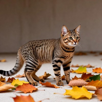 Tabby kitten standing in autumn leaves