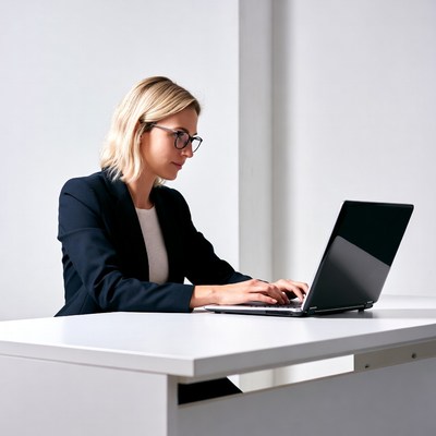 Blonde woman working on laptop