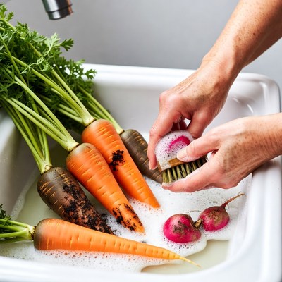 Woman washing carrots in sink