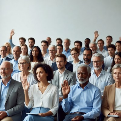 Diverse group raising hands in meeting