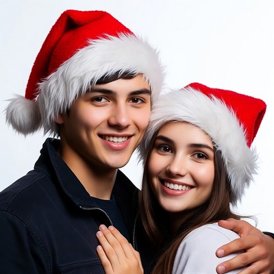 Young couple wearing Santa hats