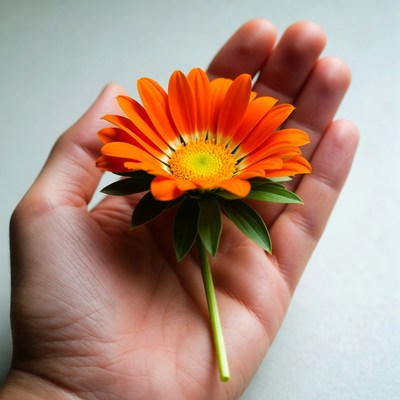 Hand holding orange gerbera daisy