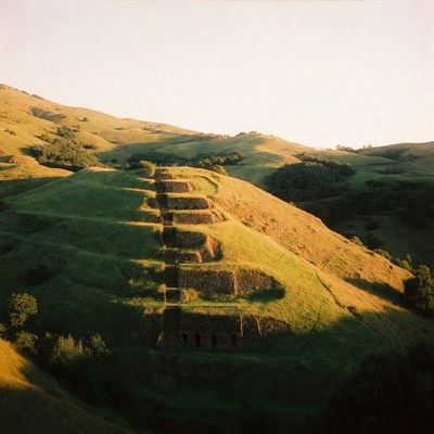 Ancient Pyramid Steps on Green Hillside