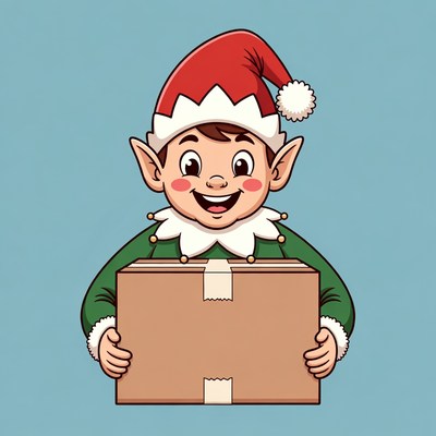 Cartoon elf holding Christmas gift box