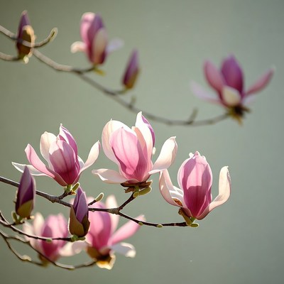 Pink Magnolia Blossoms on Branch