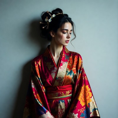 Woman in red kimono with updo