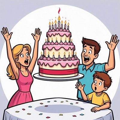 Family celebrating birthday with cake