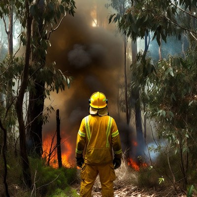 Firefighter facing bushfire in forest