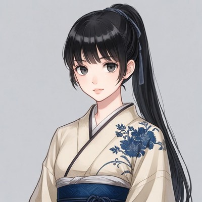 Anime girl in blue floral kimono