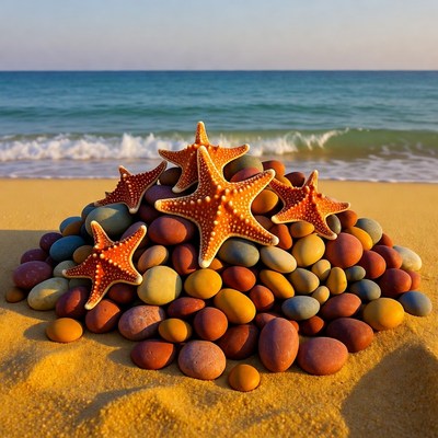 Starfish and pebbles on beach