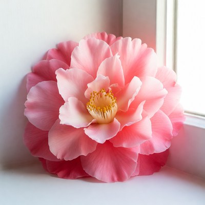 Pink Camellia Flower Against White Wall