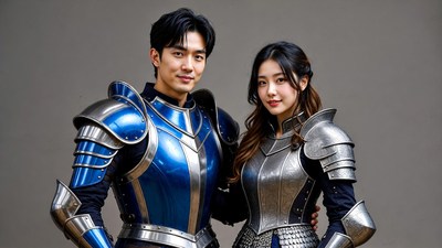 Asian couple in blue medieval armor