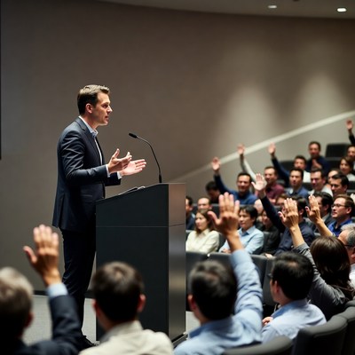Man speaking at podium with audience