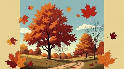 Autumn Oak Tree with Falling Leaves