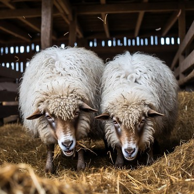 Two fluffy sheep eating hay