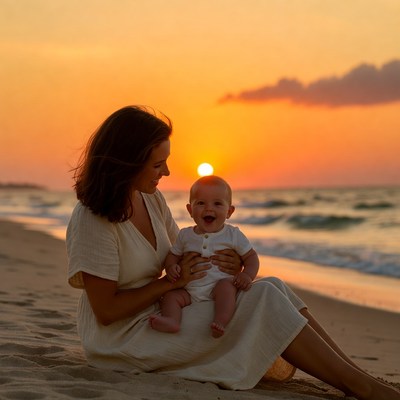 Mother holding baby at sunset beach