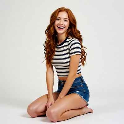 Redhead woman smiling in striped top