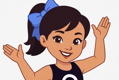 Cartoon Asian girl waving with blue bow