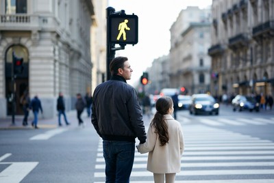 Father holding daughter's hand at crosswalk