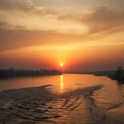 Sunset over River with City Skyline